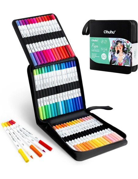 Ohuhu Pupe Paper-friendly (No Peeling) Brush and Fineliner Dual Tips 60 Colors Water-based Coloring Markers