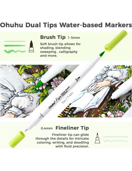 Ohuhu Pupe Paper-friendly (No Peeling) Brush and Fineliner Dual Tips 60 Colors Water-based Coloring Markers