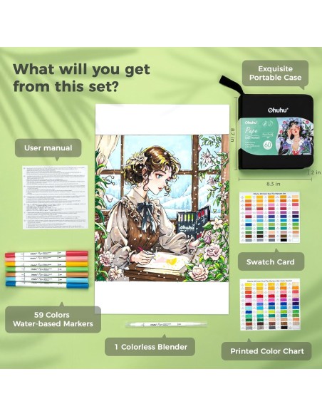 Ohuhu Pupe Paper-friendly (No Peeling) Brush and Fineliner Dual Tips 60 Colors Water-based Coloring Markers