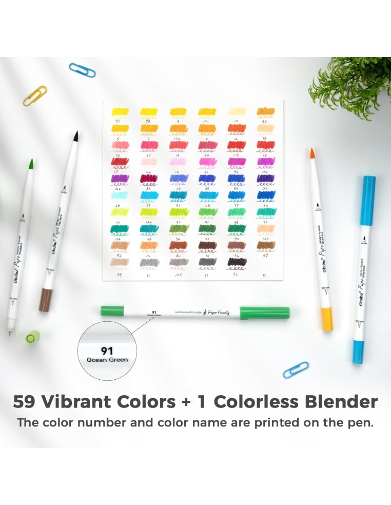 Ohuhu Pupe Paper-friendly (No Peeling) Brush and Fineliner Dual Tips 60 Colors Water-based Coloring Markers
