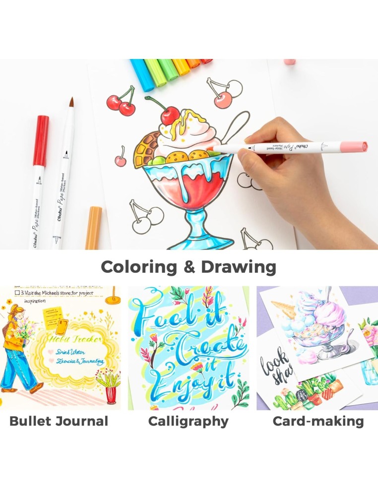 Ohuhu Pupe Paper-friendly (No Peeling) Brush and Fineliner Dual Tips 60 Colors Water-based Coloring Markers