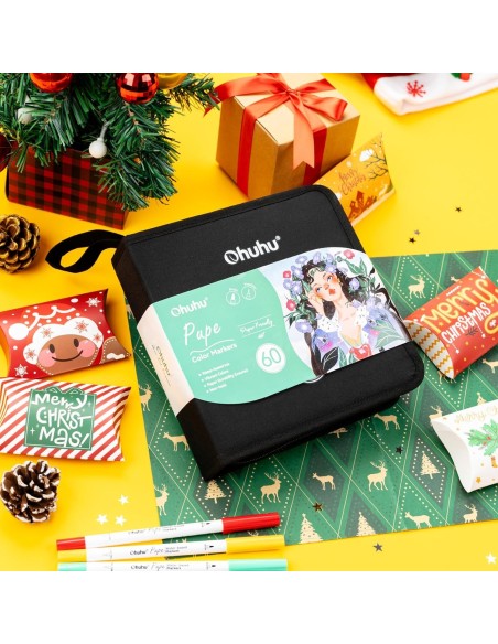 Ohuhu Pupe Paper-friendly (No Peeling) Brush and Fineliner Dual Tips 60 Colors Water-based Coloring Markers