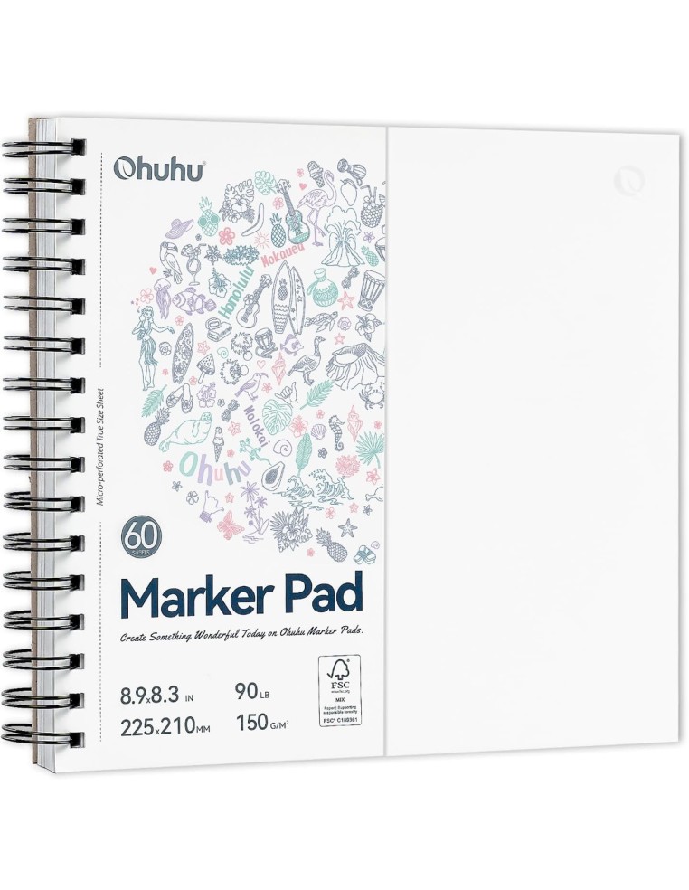 Ohuhu Bleedproof Double-Sided Marker Pad, Square, Spiral-Bound - 8.3 x 8.9" (21 x 22.5cm) - 150GSM/ 90LB