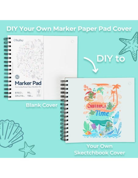 Ohuhu Bleedproof Double-Sided Marker Pad, Square, Spiral-Bound - 8.3 x 8.9" (21 x 22.5cm) - 150GSM/ 90LB