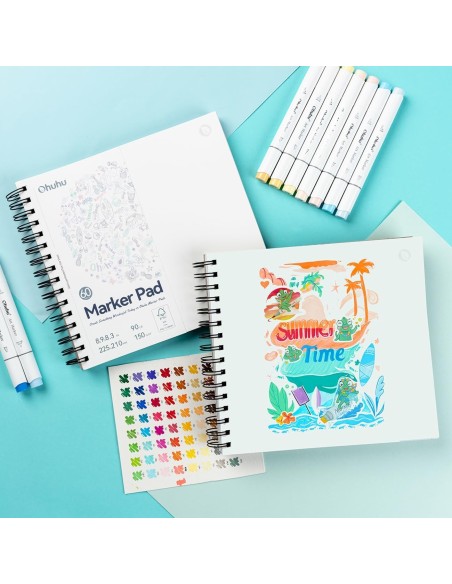 Ohuhu Bleedproof Double-Sided Marker Pad, Square, Spiral-Bound - 8.3 x 8.9" (21 x 22.5cm) - 150GSM/ 90LB