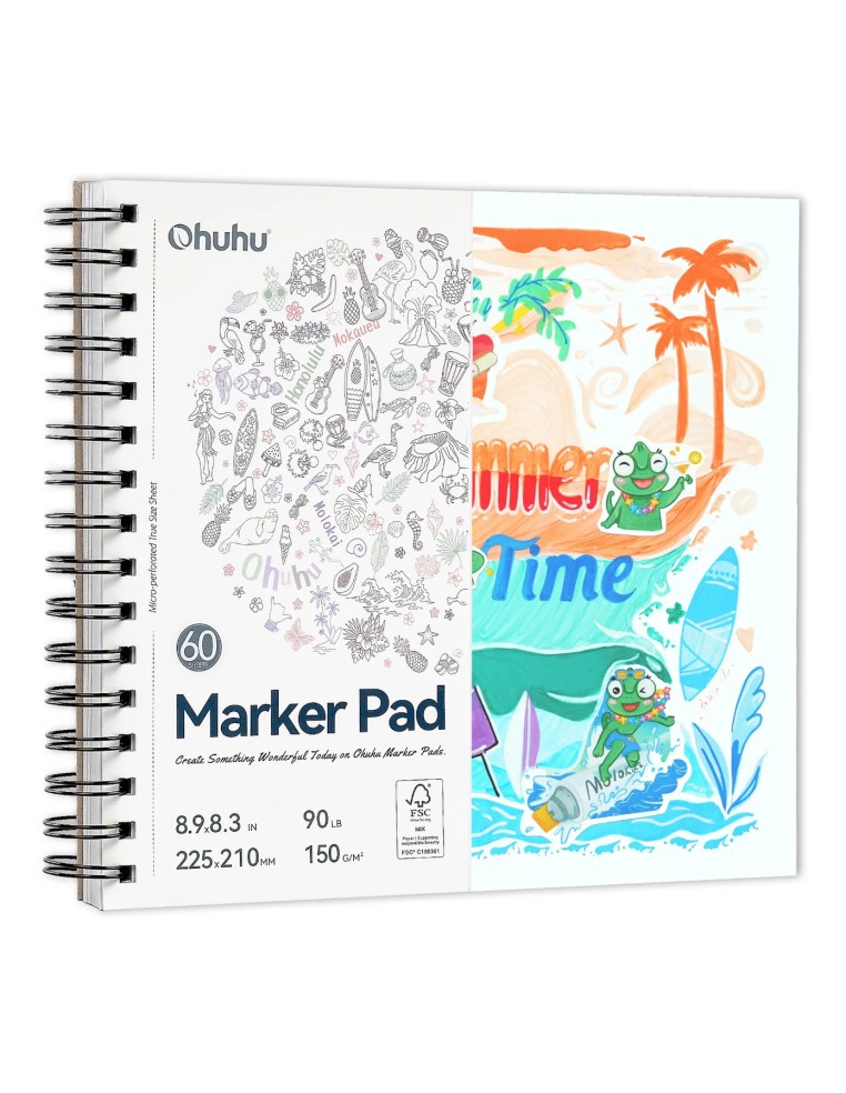 Ohuhu Bleedproof Double-Sided Marker Pad, Square, Spiral-Bound - 8.3 x 8.9" (21 x 22.5cm) - 150GSM/ 90LB